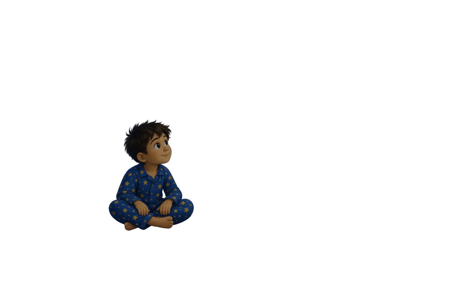 Ari seated on the bed in star pyjamas