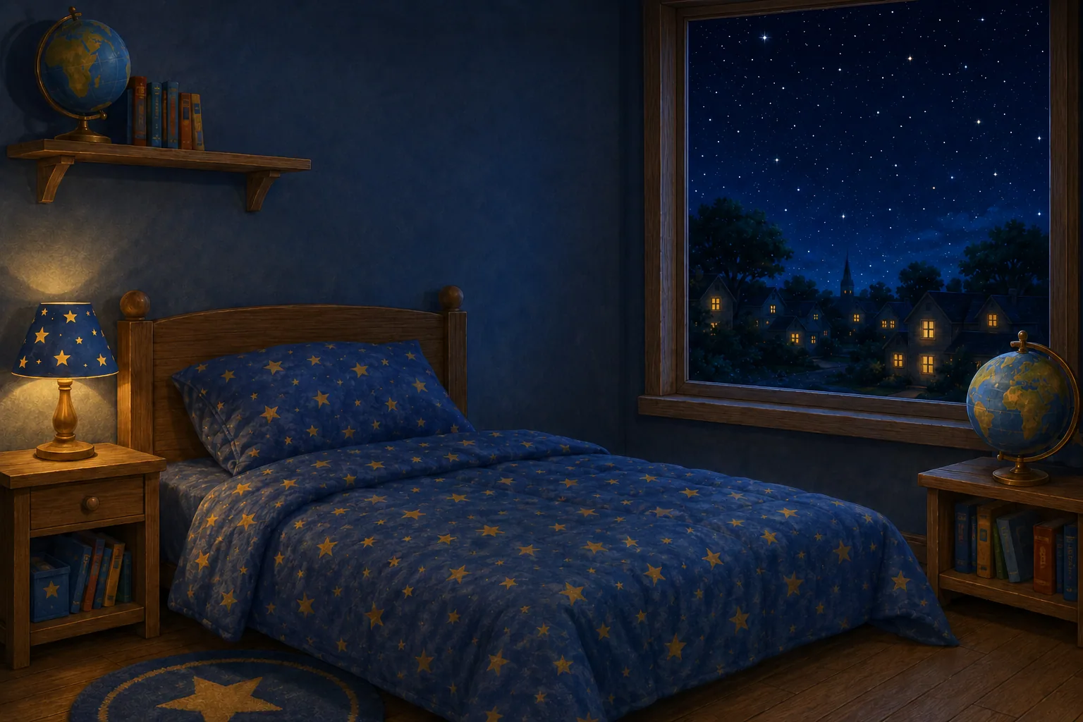 Ari's bedroom at night: bed, shelf, desk and a wide window