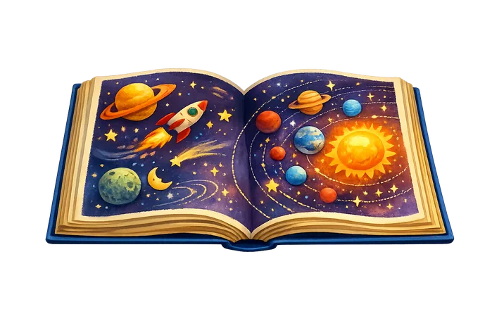 Open astronomy book resting quietly on the bed