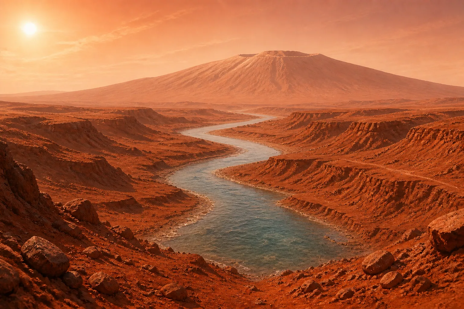 Ancient river winding through a warm Martian valley