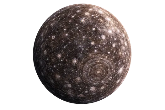 Callisto, dark and densely cratered