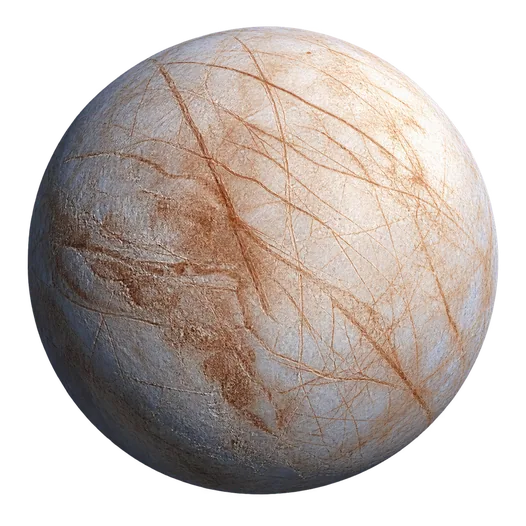 Europa, pale and crossed by reddish cracks