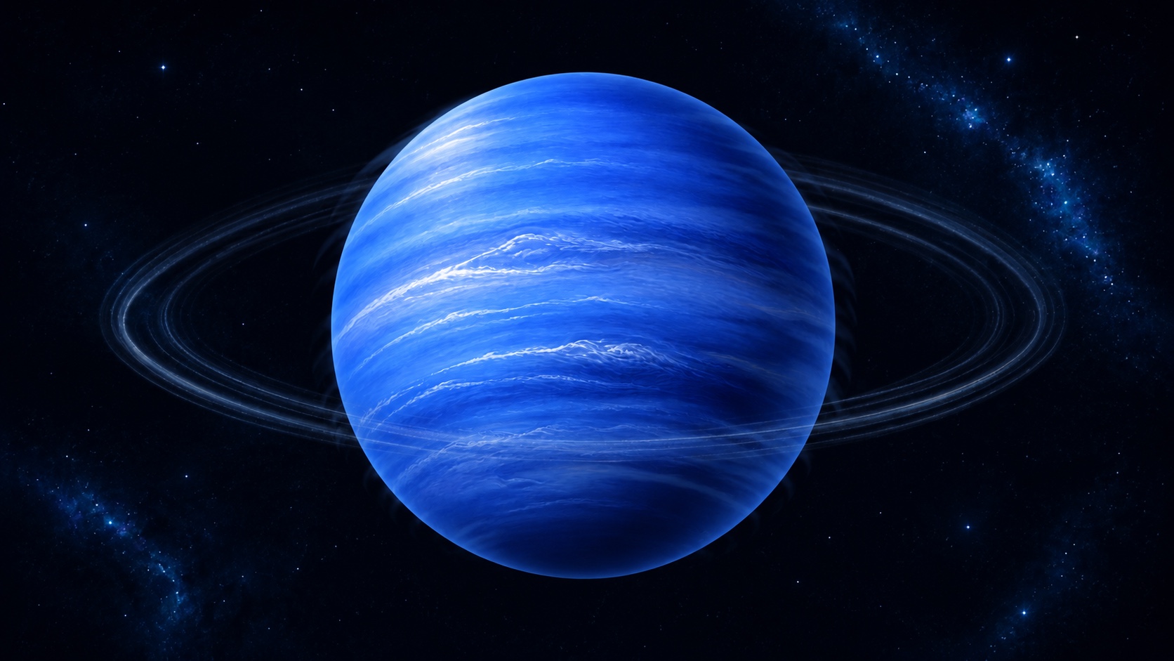 Deep-blue Neptune and its faint rings in a distant star field