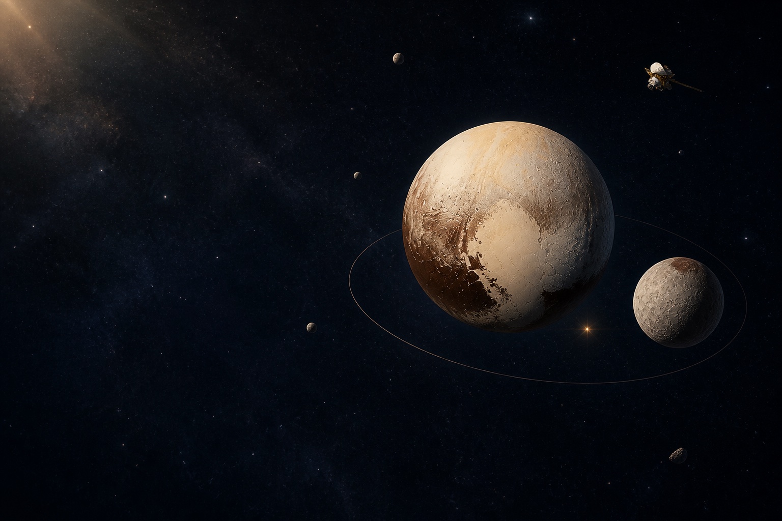 Realistic view of icy Pluto, giant Charon, their faint shared path, and distant New Horizons