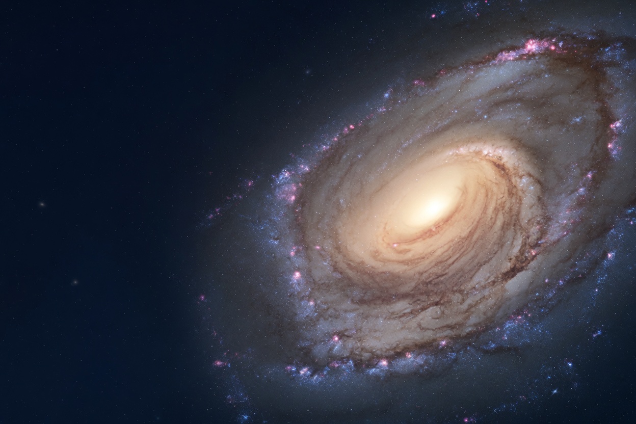 A wide realistic spiral galaxy glowing among countless stars